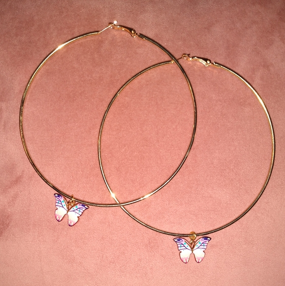 Oversized Gold Pink Butterfly Charm Hoop Earrings XL Big KATTA Hoops Butterflies - Picture 7 of 9